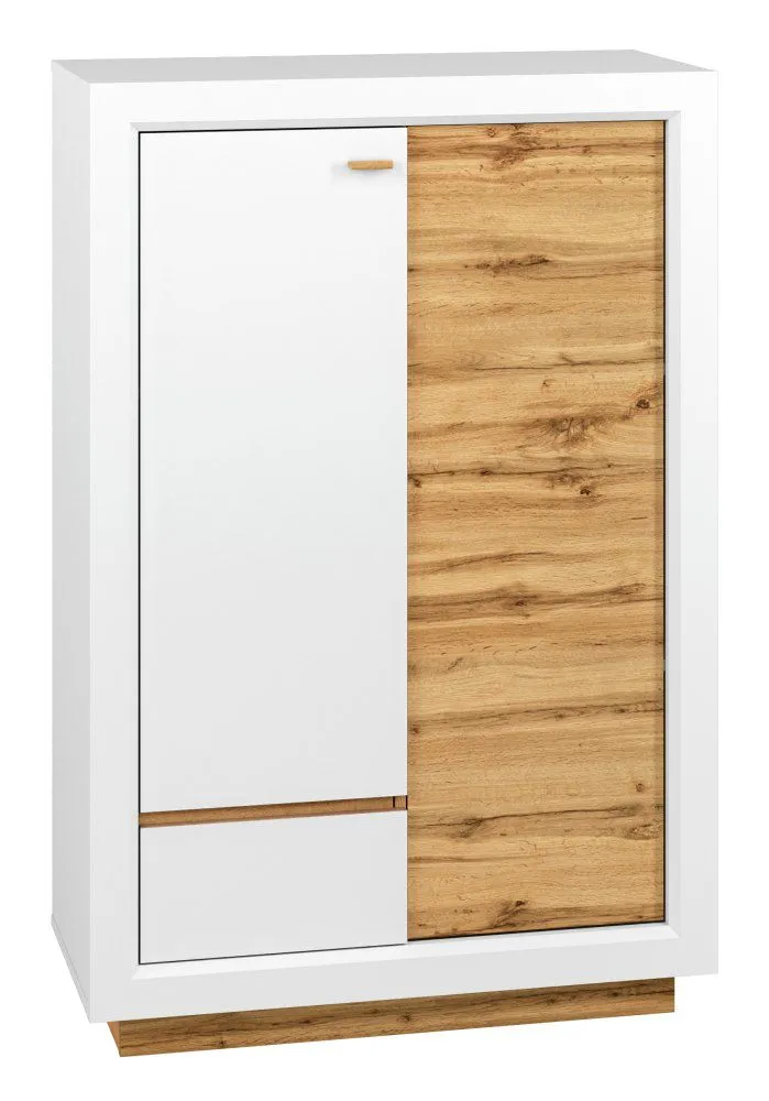 Kommode Temecula 04, Farbe: Eiche / Weiß - Abmessungen: 138 x 92 x 43 cm (H x B x T), mit 2 Türen und 6 Fächern