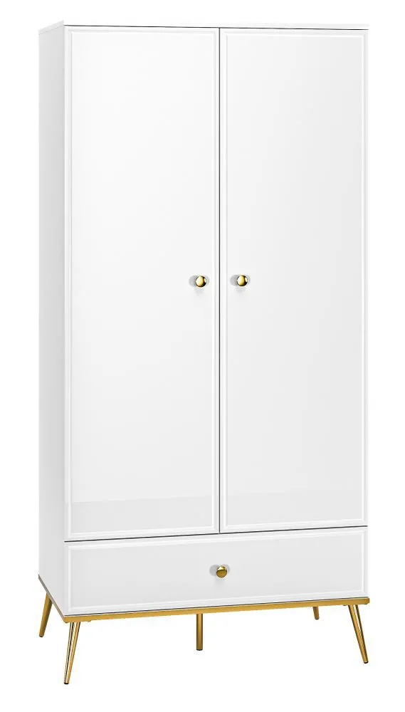 Kleiderschrank mit viel Stauraum Roanoke 01, Farbe: Weiß / Weiß Glanz - Abmessungen: 190 x 92 x 53 cm (H x B x T), mit 2 Türen, 1 Schublade und 1 Fach