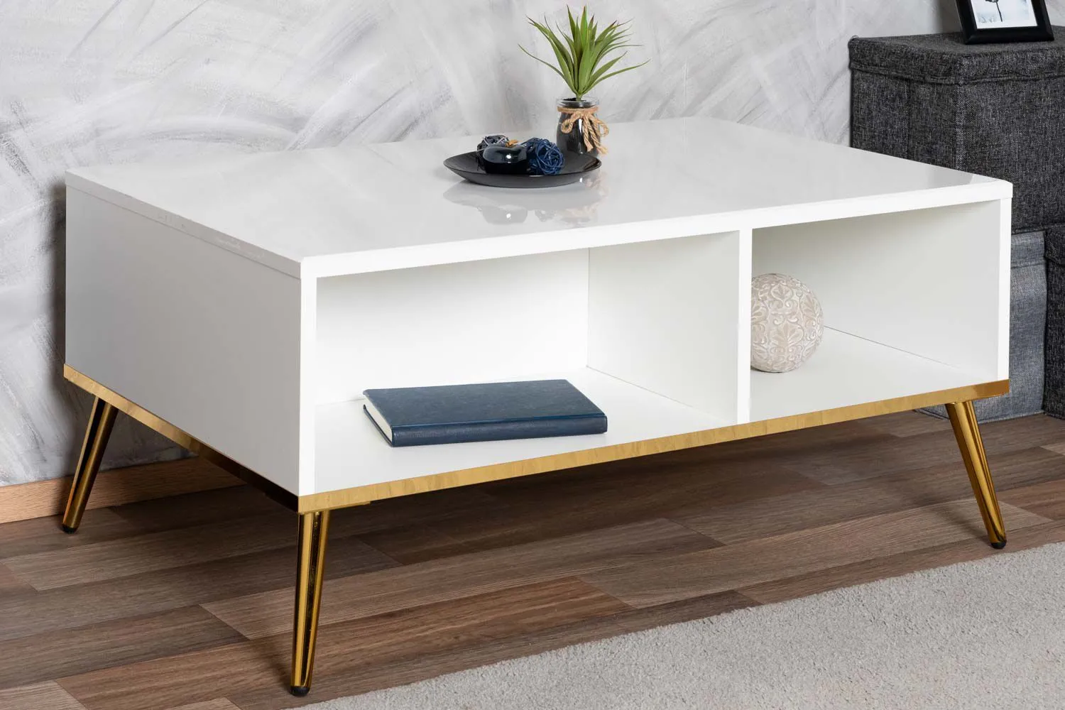 Couchtisch Roanoke 08, Farbe: Weiß / Weiß Glanz - Abmessungen: 90 x 60 x 42 cm (B x T x H)