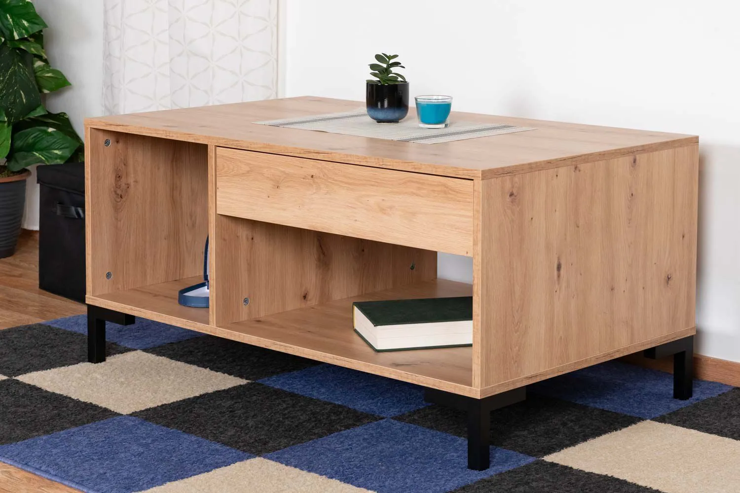 Couchtisch Pandrup 21, Farbe: Eiche - Abmessungen: 100 x 60 x 48 cm (B x T x H), mit 1 Schublade und 2 Fächern