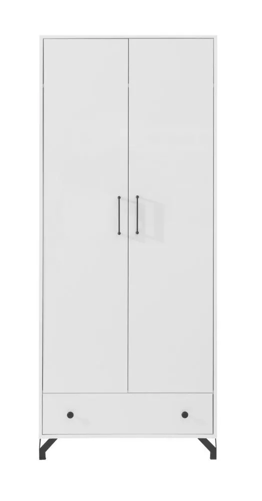 Jugendzimmer - Drehtürenschrank / Kleiderschrank Tellin 01, Farbe: Weiß / Weiß Hochglanz - Abmessungen: 190 x 80 x 50 cm (H x B x T)