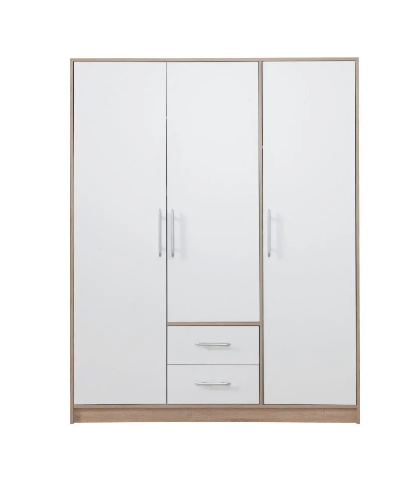 Drehtürenschrank / Kleiderschrank Hannut 07, Farbe: Weiß / Eiche - Abmessungen: 190 x 150 x 56 cm (H x B x T)