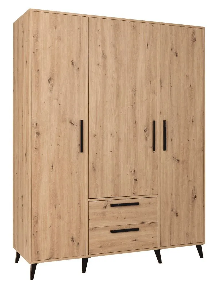 Kleiderschrank mit viel Stauraum Gondomar 01, Farbe: Eiche Artisan - Abmessungen: 195 x 150 x 54 cm (H x B x T), mit 3 Türen und 7 Fächern