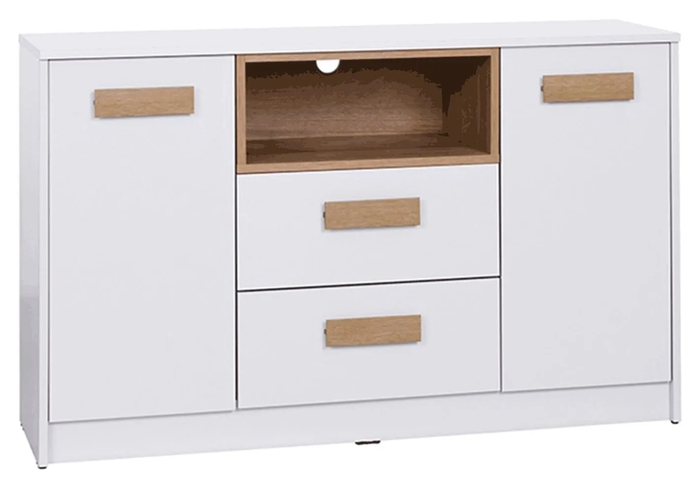 Kommode Fafe 05, Farbe: Eiche Riviera / Weiß - Abmessungen: 76 x 123 x 40 cm (H x B x T), mit 2 Türen, 2 Schubladen und Fächern