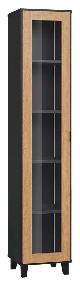 Vitrine Leoncho 35, Farbe: Schwarz / Eiche - Abmessungen: 195 x 39 x 40 cm (H x B x T)