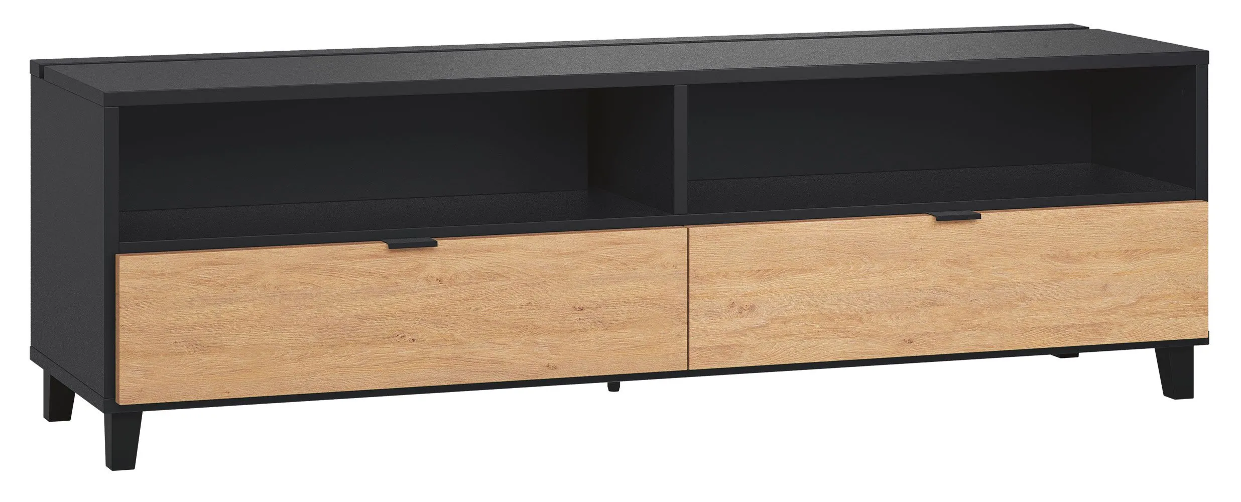 TV-Unterschrank Leoncho 37, Farbe: Schwarz / Eiche - Abmessungen: 56 x 180 x 47 cm (H x B x T)