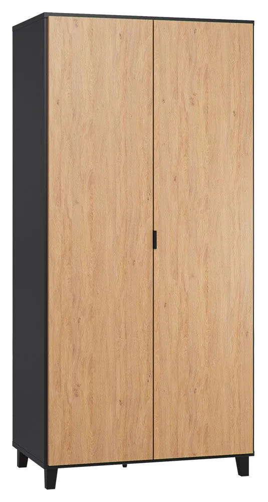 Drehtürenschrank / Kleiderschrank Leoncho 39, Farbe: Schwarz / Eiche - Abmessungen: 195 x 93 x 57 cm (H x B x T)