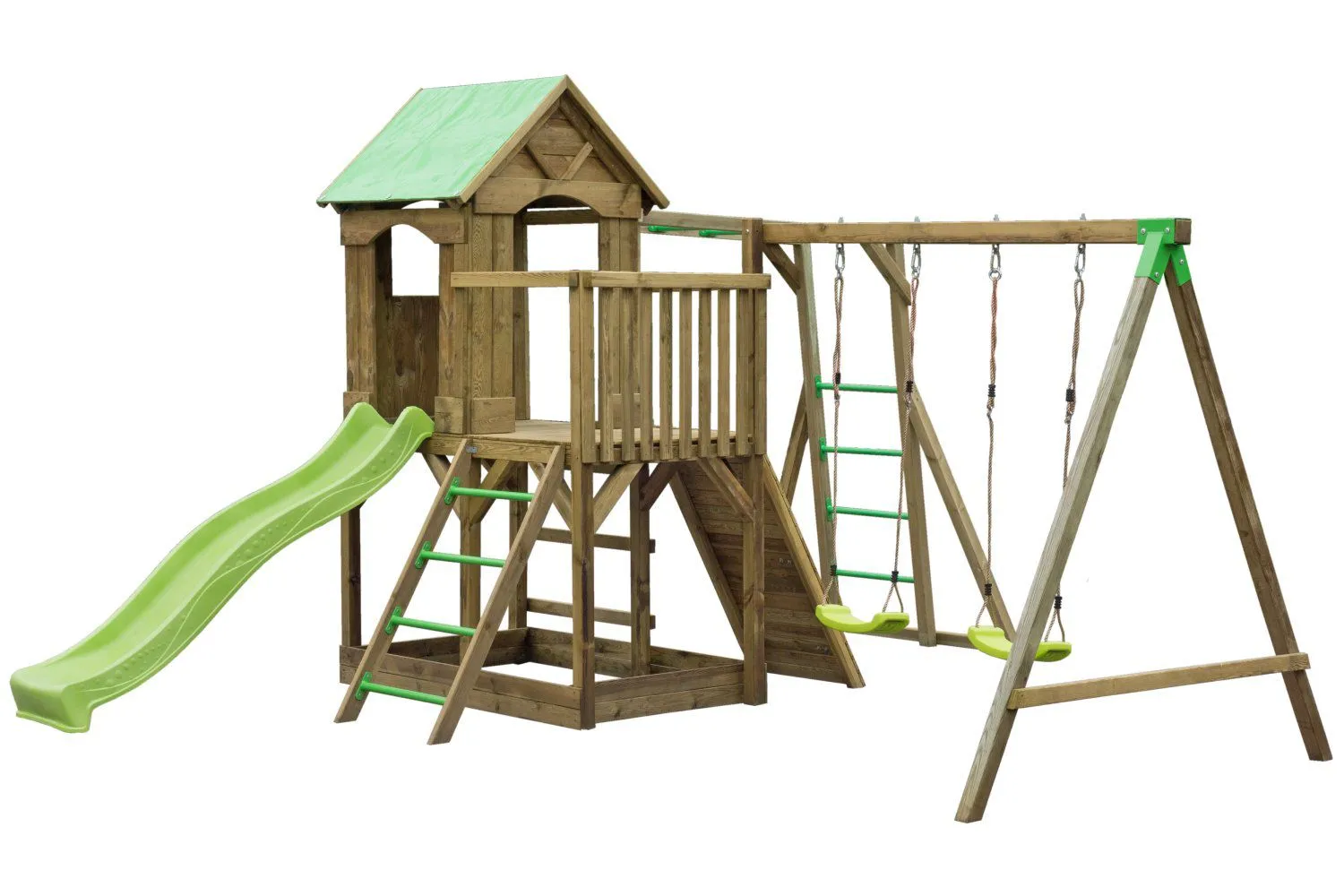 Spielturm S3A inkl. Wellenrutsche, Doppelschaukel-Anbau, Balkon, Sandkasten, Rampe und Klettergerüst-Anbau - Abmessungen: 450 x 500 cm (B x T)