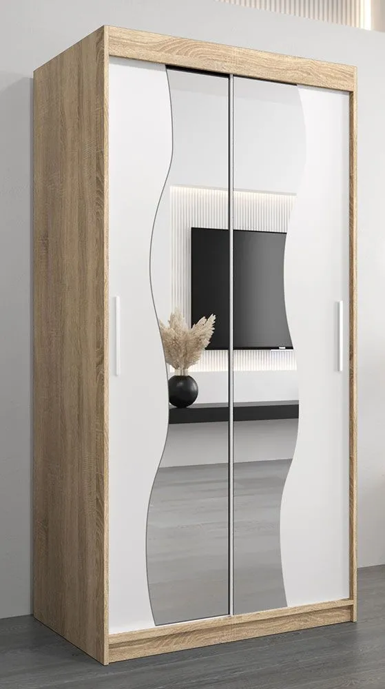 Schiebetürenschrank / Kleiderschrank Robinyera 01 mit Spiegel, Farbe: Eiche Sonoma / Weiß matt - Abmessungen: 200 x 100 x 62 cm ( H x B x T)