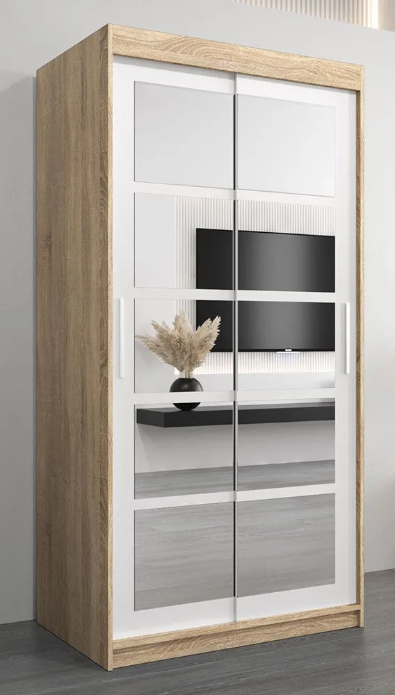 Schiebetürenschrank / Kleiderschrank Aizkorri 01B mit Spiegel, Farbe: Eiche Sonoma / Weiß matt - Abmessungen: 200 x 100 x 62 cm (H x B x T)