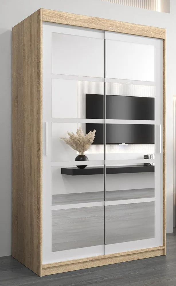 Schiebetürenschrank / Kleiderschrank Aizkorri 02B mit Spiegel, Farbe: Eiche Sonoma / Weiß matt - Abmessungen: 200 x 120 x 62 cm (H x B x T)