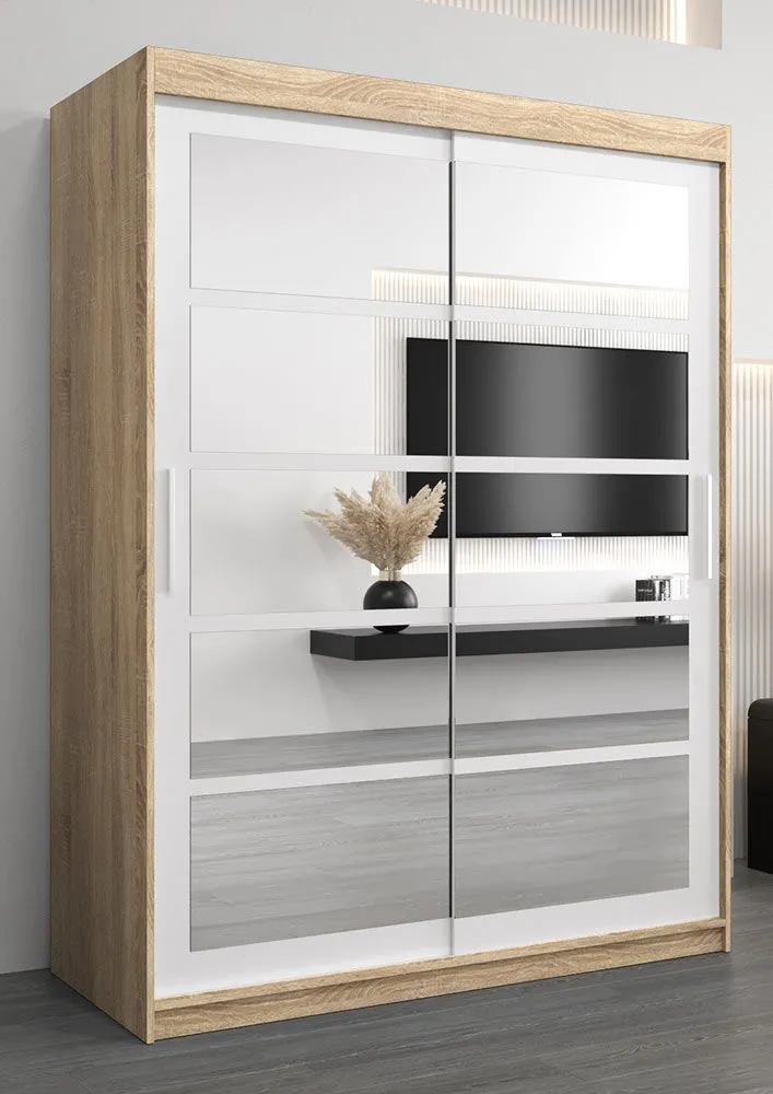 Schiebetürenschrank / Kleiderschrank Aizkorri 03B mit Spiegel, Farbe: Eiche Sonoma / Weiß matt - Abmessungen: 200 x 150 x 62 cm (H x B x T)