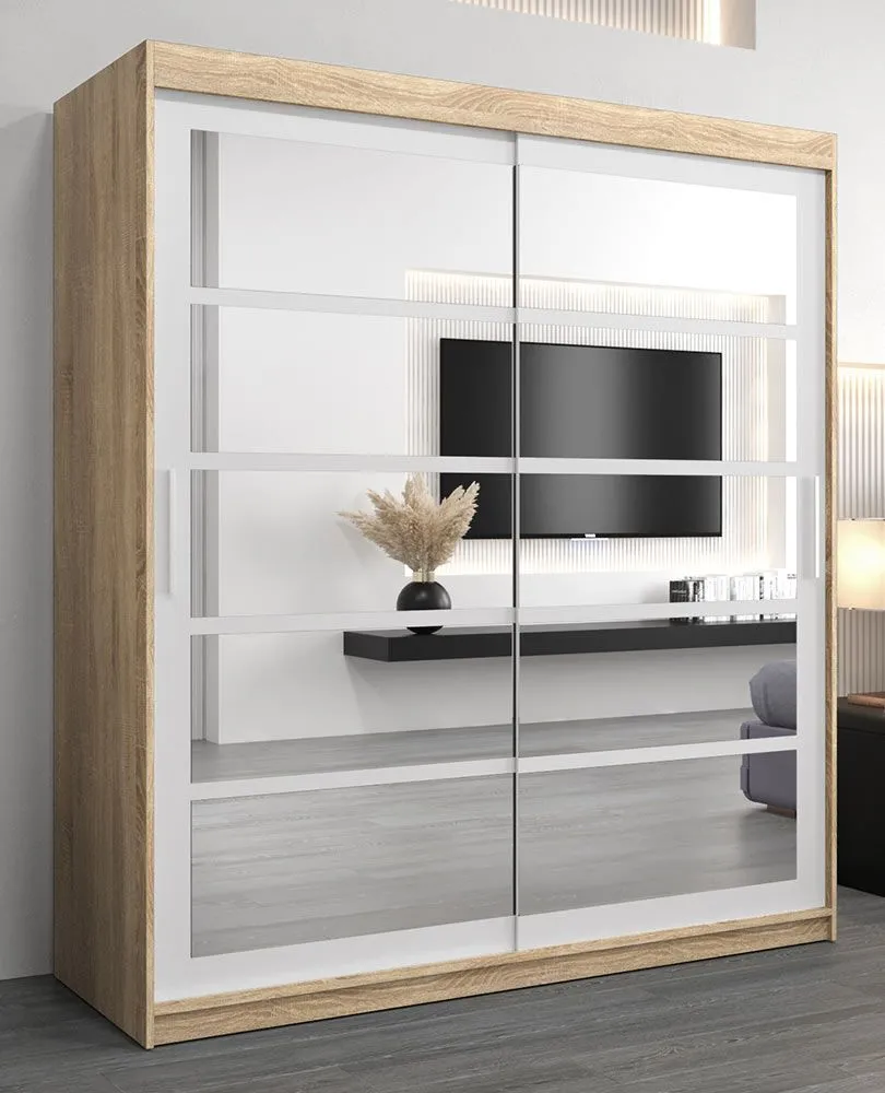 Schiebetürenschrank / Kleiderschrank Aizkorri 04B mit Spiegel, Farbe: Eiche Sonoma / Weiß matt - Abmessungen: 200 x 180 x 62 cm (H x B x T)