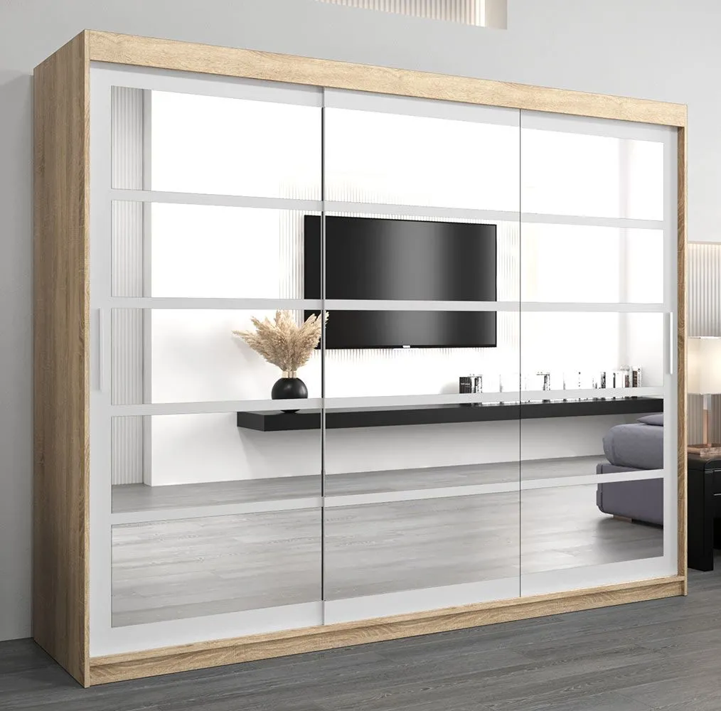 Schiebetürenschrank / Kleiderschrank Aizkorri 06B mit Spiegel, Farbe: Eiche Sonoma / Weiß matt - Abmessungen: 200 x 250 x 62 cm (H x B x T)