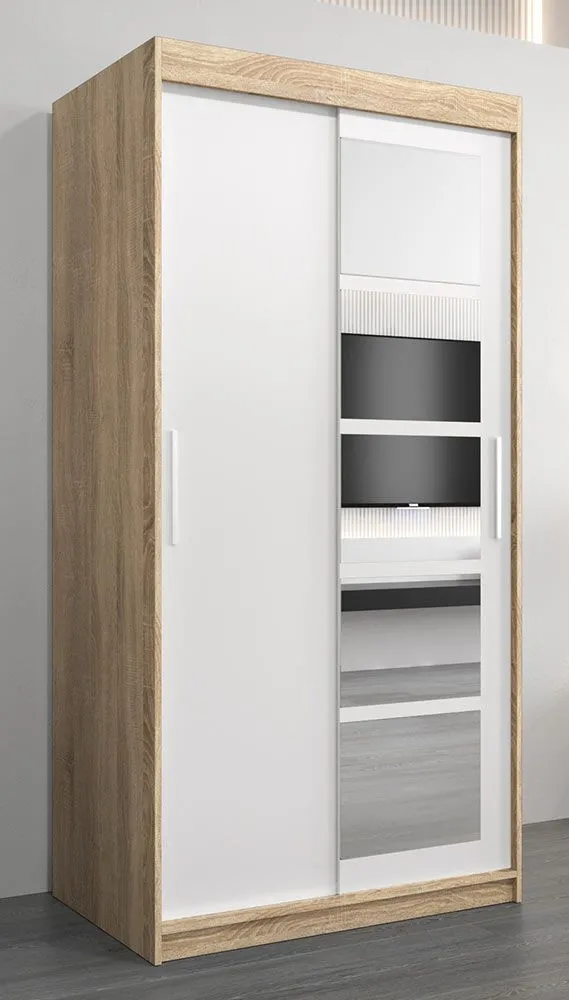 Schiebetürenschrank / Kleiderschrank Aizkorri 01A mit Spiegel, Farbe: Eiche Sonoma / Weiß matt - Abmessungen: 200 x 100 x 62 cm (H x B x T)