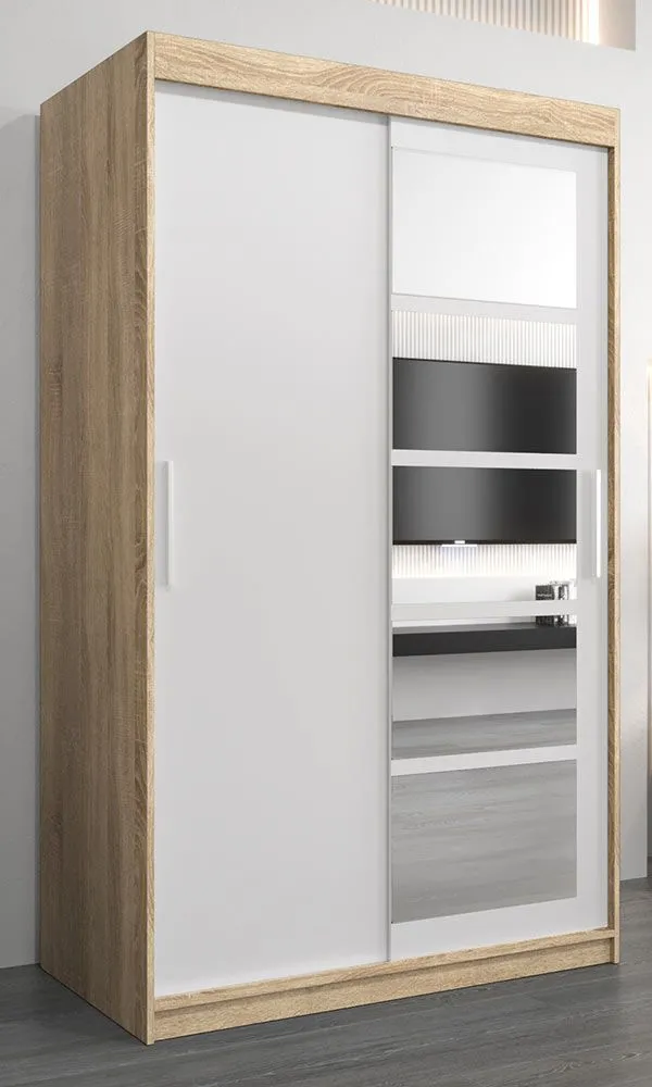 Schiebetürenschrank / Kleiderschrank Aizkorri 02A mit Spiegel, Farbe: Eiche Sonoma / Weiß matt - Abmessungen: 200 x 120 x 62 cm (H x B x T)