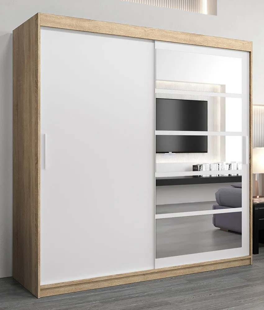 Schiebetürenschrank / Kleiderschrank Aizkorri 05A mit Spiegel, Farbe: Eiche Sonoma / Weiß matt - Abmessungen: 200 x 200 x 62 cm (H x B x T)