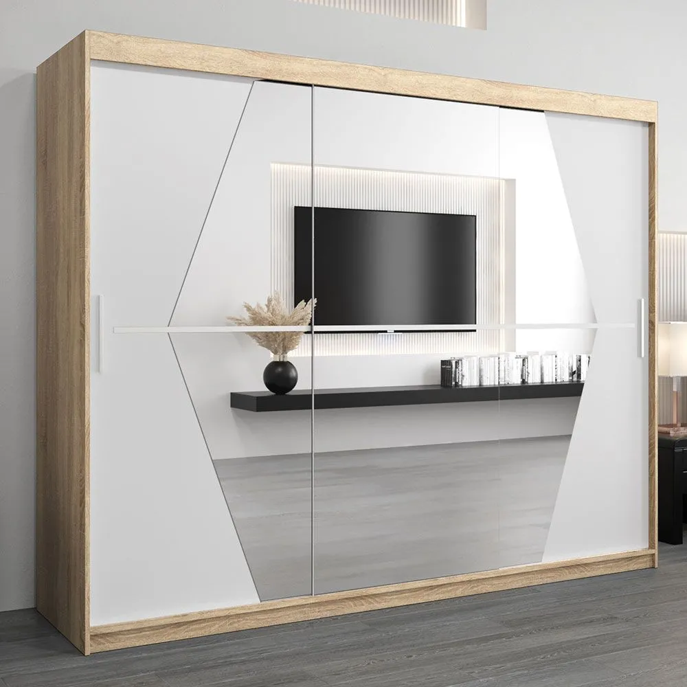 Schiebetürenschrank / Kleiderschrank Alphubel 06 mit Spiegel, Farbe: Eiche Sonoma / Weiß matt - Abmessungen: 200 x 250 x 62 cm ( H x B x T)