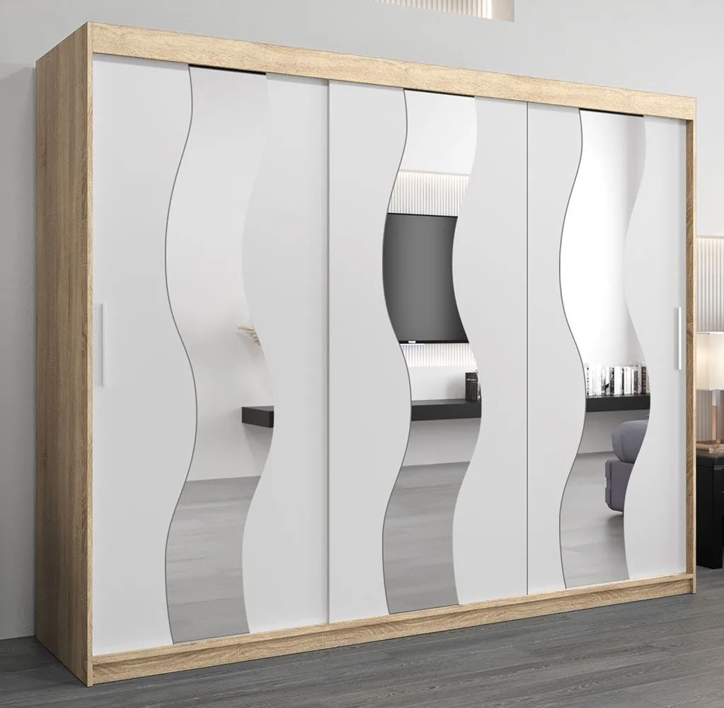 Schiebetürenschrank / Kleiderschrank Hacho 06 mit Spiegel, Farbe: Eiche Sonoma / Weiß matt - Abmessungen: 200 x 250 x 62 cm ( H x B x T)