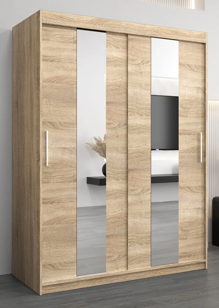 Schiebetürenschrank / Kleiderschrank Polos 03 mit Spiegel, Farbe: Eiche Sonoma - Abmessungen: 200 x 150 x 62 cm (H x B x T)