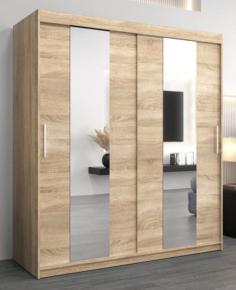 Schiebetürenschrank / Kleiderschrank Polos 04 mit Spiegel, Farbe: Eiche Sonoma - Abmessungen: 200 x 180 x 62 cm (H x B x T)