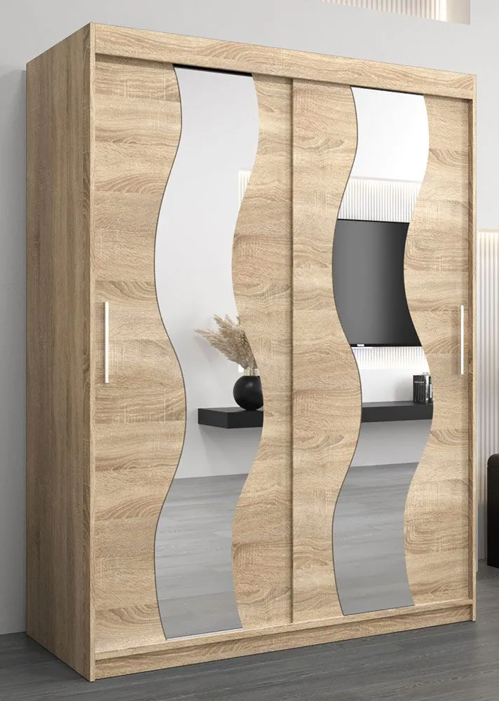 Schiebetürenschrank / Kleiderschrank Hacho 03 mit Spiegel, Farbe: Eiche Sonoma - Abmessungen: 200 x 150 x 62 cm ( H x B x T)