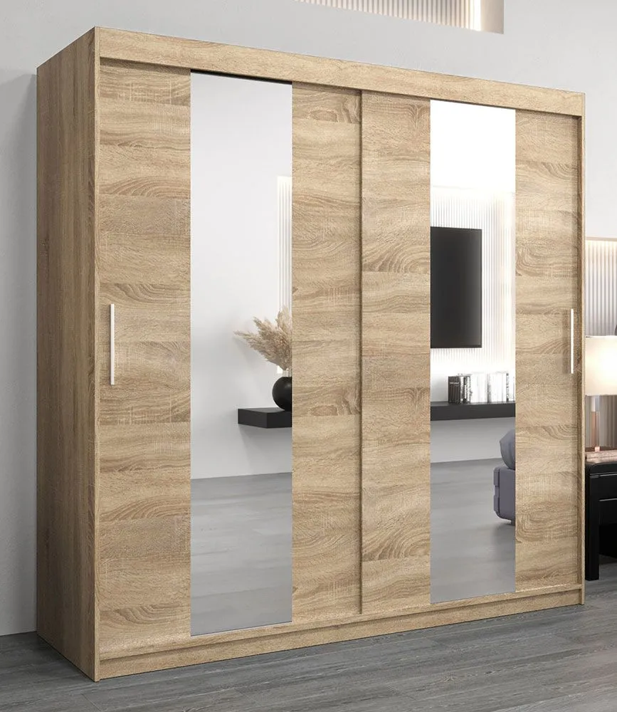 Schiebetürenschrank / Kleiderschrank Polos 05 mit Spiegel, Farbe: Eiche Sonoma - Abmessungen: 200 x 200 x 62 cm (H x B x T)