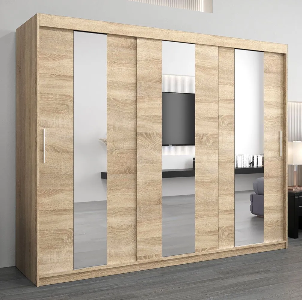 Schiebetürenschrank / Kleiderschrank Polos 06 mit Spiegel, Farbe: Eiche Sonoma - Abmessungen: 200 x 250 x 62 cm (H x B x T)