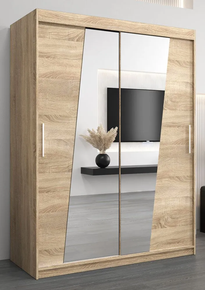 Schiebetürenschrank / Kleiderschrank Guajara 03 mit Spiegel, Farbe: Eiche Sonoma - Abmessungen: 200 x 150 x 62 cm (H x B x T)