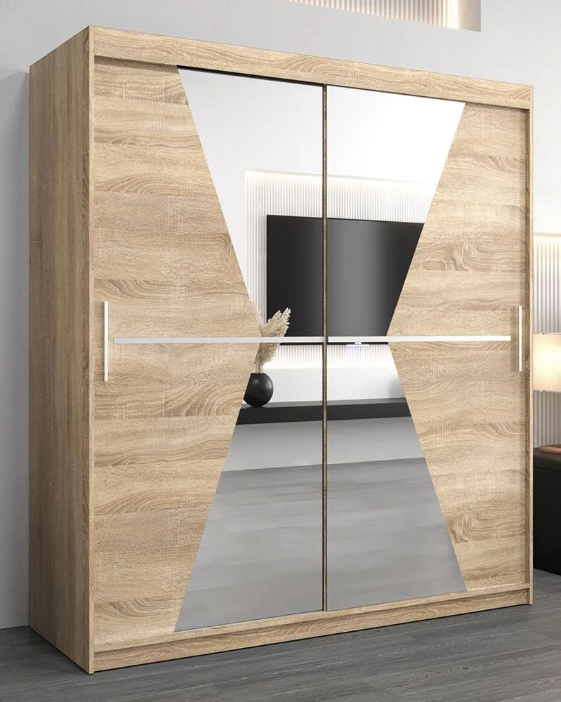 Schiebetürenschrank / Kleiderschrank Naranco 04 mit Spiegel, Farbe: Eiche Sonoma - Abmessungen: 200 x 180 x 62 cm ( H x B x T )