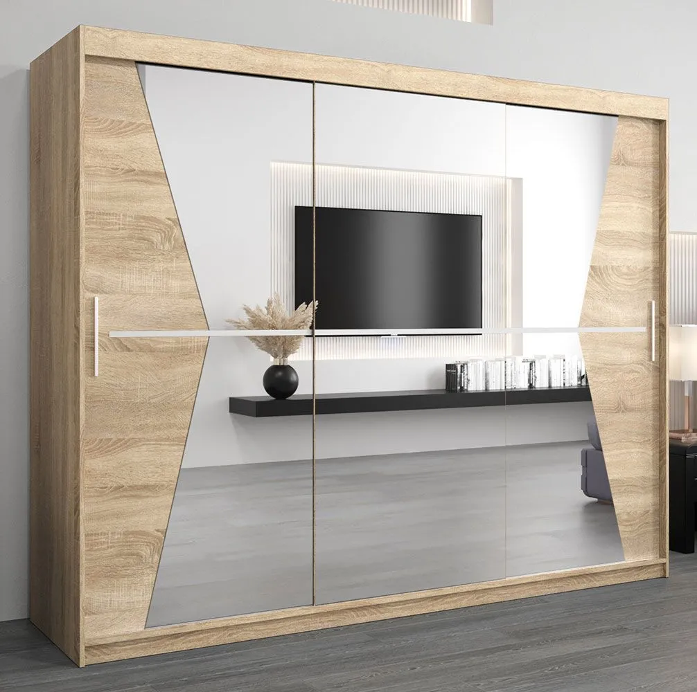 Schiebetürenschrank / Kleiderschrank Naranco 06 mit Spiegel, Farbe: Eiche Sonoma - Abmessungen: 200 x 250 x 62 cm ( H x B x T )