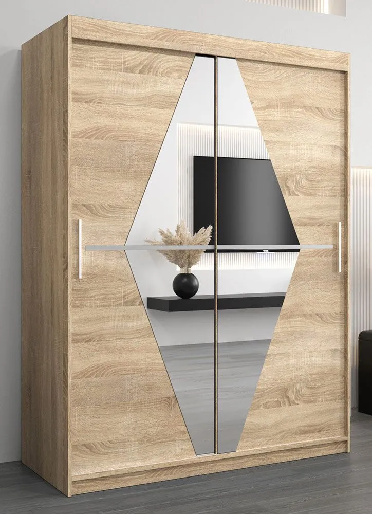 Schiebetürenschrank / Kleiderschrank Alphubel 03 mit Spiegel, Farbe: Eiche Sonoma - Abmessungen: 200 x 150 x 62 cm ( H x B x T)