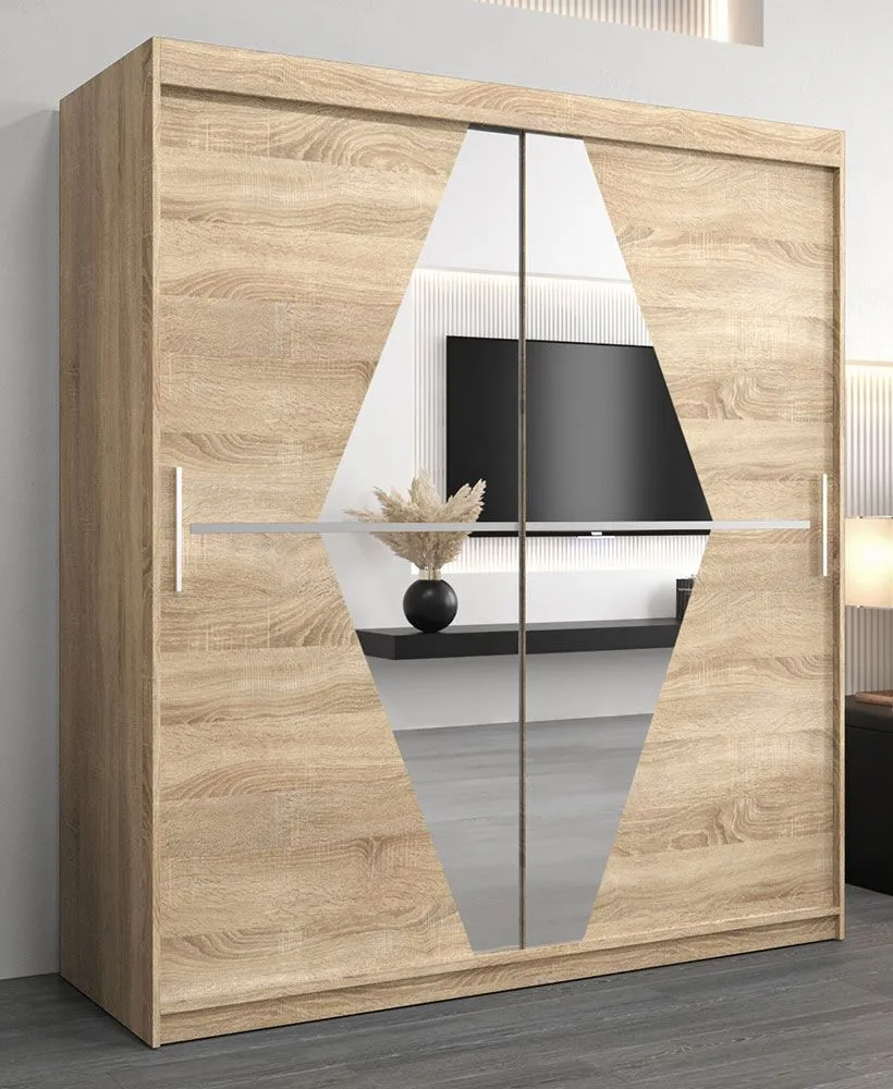 Schiebetürenschrank / Kleiderschrank Alphubel 04 mit Spiegel, Farbe: Eiche Sonoma - Abmessungen: 200 x 180 x 62 cm ( H x B x T)