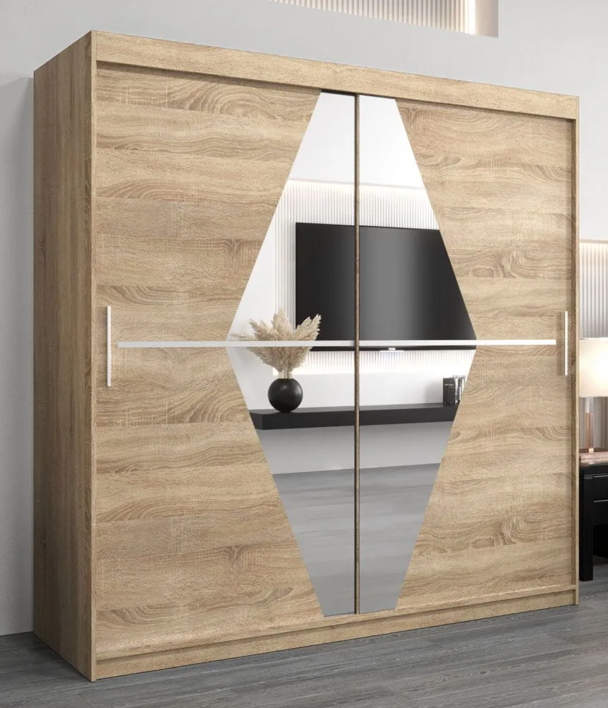 Schiebetürenschrank / Kleiderschrank Alphubel 05 mit Spiegel, Farbe: Eiche Sonoma - Abmessungen: 200 x 200 x 62 cm ( H x B x T)