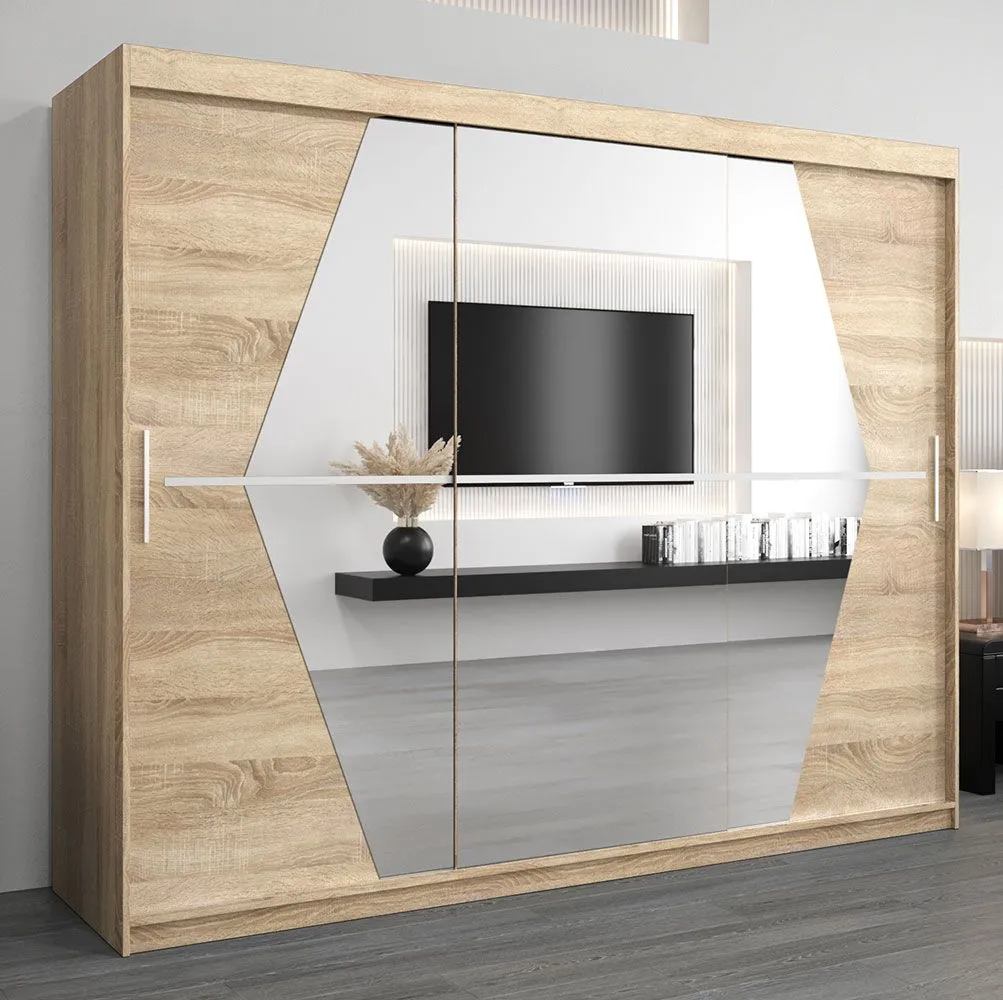 Schiebetürenschrank / Kleiderschrank Alphubel 06 mit Spiegel, Farbe: Eiche Sonoma - Abmessungen: 200 x 250 x 62 cm ( H x B x T)