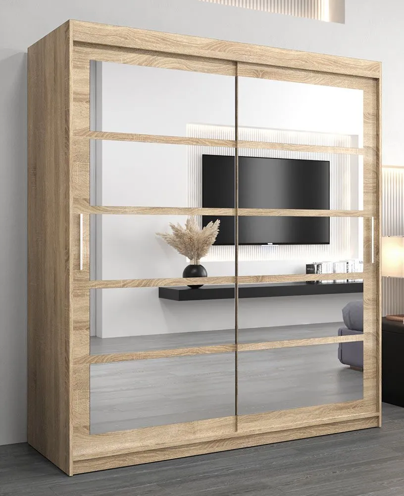 Schiebetürenschrank / Kleiderschrank Aizkorri 04B mit Spiegel, Farbe: Eiche Sonoma - Abmessungen: 200 x 180 x 62 cm (H x B x T)