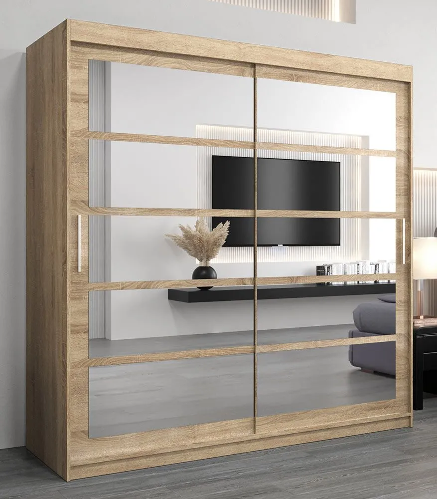 Schiebetürenschrank / Kleiderschrank Aizkorri 05B mit Spiegel, Farbe: Eiche Sonoma - Abmessungen: 200 x 200 x 62 cm (H x B x T)