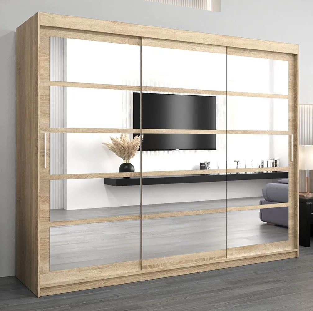 Schiebetürenschrank / Kleiderschrank Aizkorri 06B mit Spiegel, Farbe: Eiche Sonoma - Abmessungen: 200 x 250 x 62 cm (H x B x T)