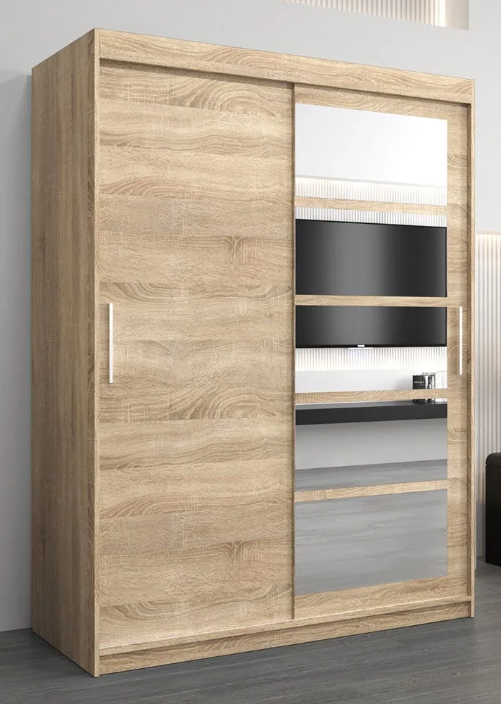 Schiebetürenschrank / Kleiderschrank Aizkorri 03A mit Spiegel, Farbe: Eiche Sonoma - Abmessungen: 200 x 150 x 62 cm (H x B x T)