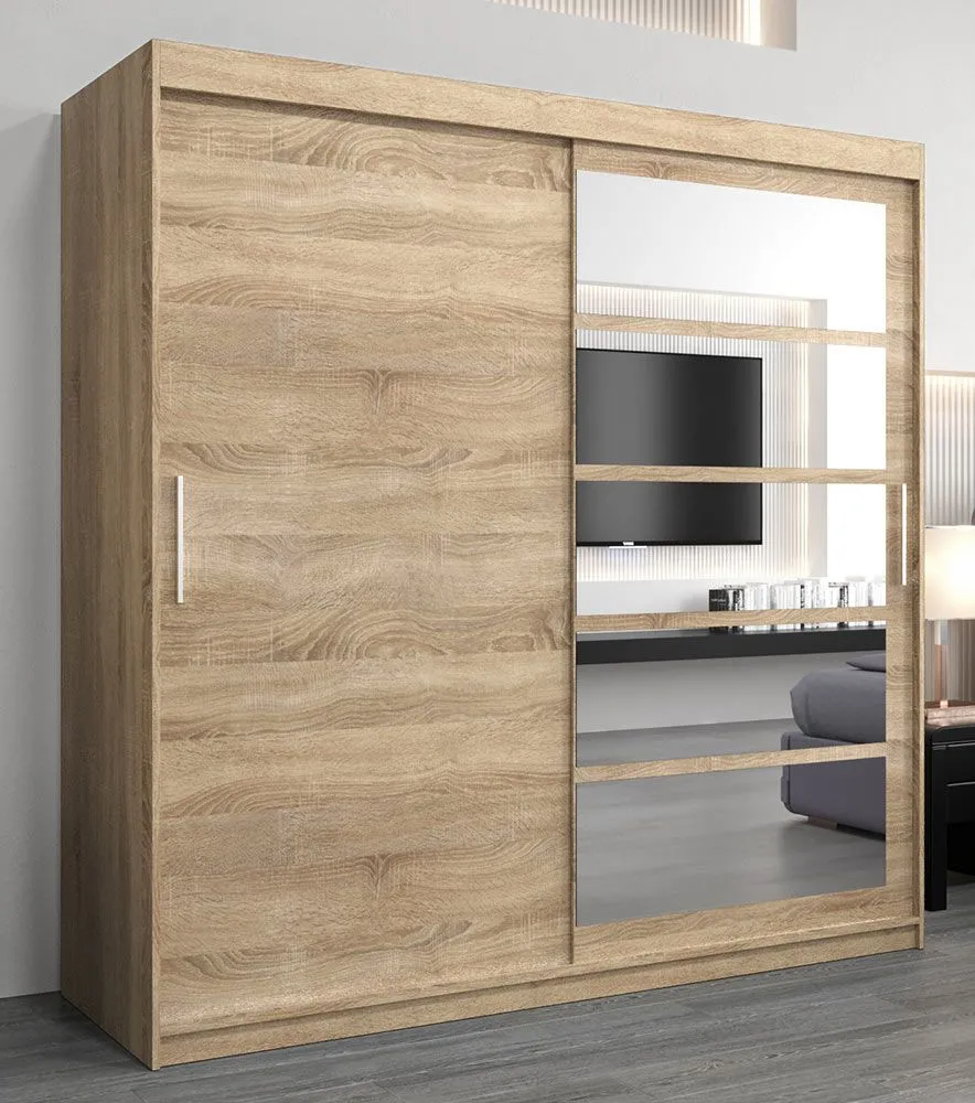 Schiebetürenschrank / Kleiderschrank Aizkorri 05A mit Spiegel, Farbe: Eiche Sonoma - Abmessungen: 200 x 200 x 62 cm (H x B x T)