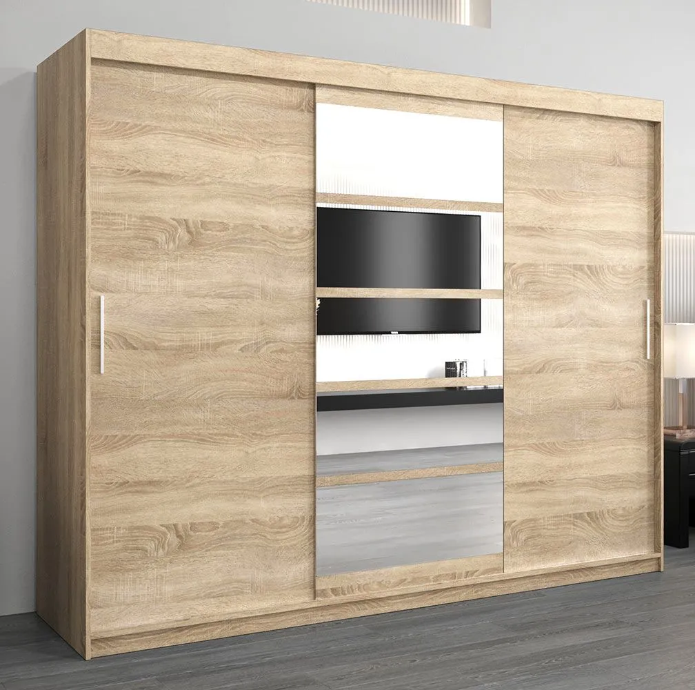 Schiebetürenschrank / Kleiderschrank Aizkorri 06A mit Spiegel, Farbe: Eiche Sonoma - Abmessungen: 200 x 250 x 62 cm (H x B x T)