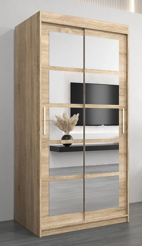 Schiebetürenschrank / Kleiderschrank Aizkorri 01B mit Spiegel, Farbe: Eiche Sonoma - Abmessungen: 200 x 100 x 62 cm (H x B x T)