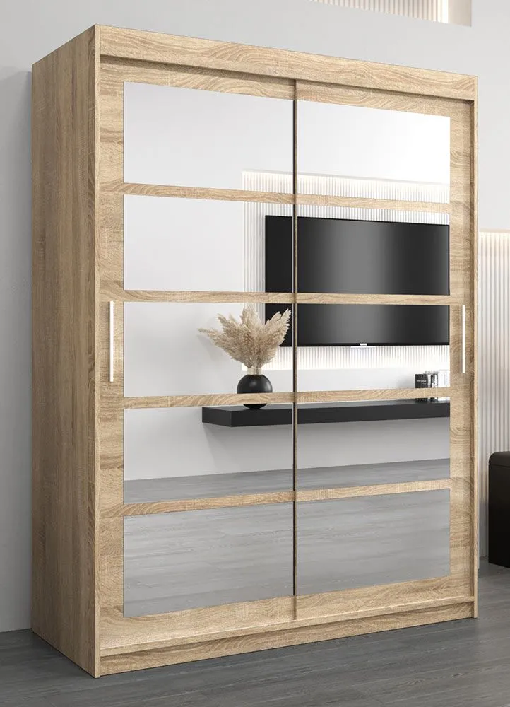 Schiebetürenschrank / Kleiderschrank Aizkorri 03B mit Spiegel, Farbe: Eiche Sonoma - Abmessungen: 200 x 150 x 62 cm (H x B x T)