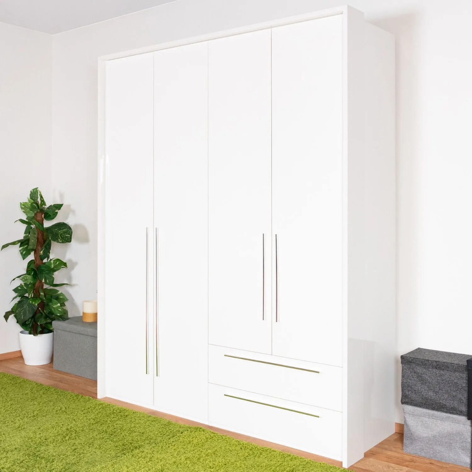 Drehtürenschrank / Kleiderschrank mit LED-Rahmen Siumu 29, Farbe: Weiß / Weiß Hochglanz - 226 x 187 x 60 cm (H x B x T)