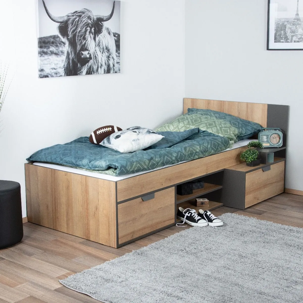 Kinderbett / Jugendbett Sprimont 13, Farbe: Grau / Eiche - 90 x 200 cm (B x L)