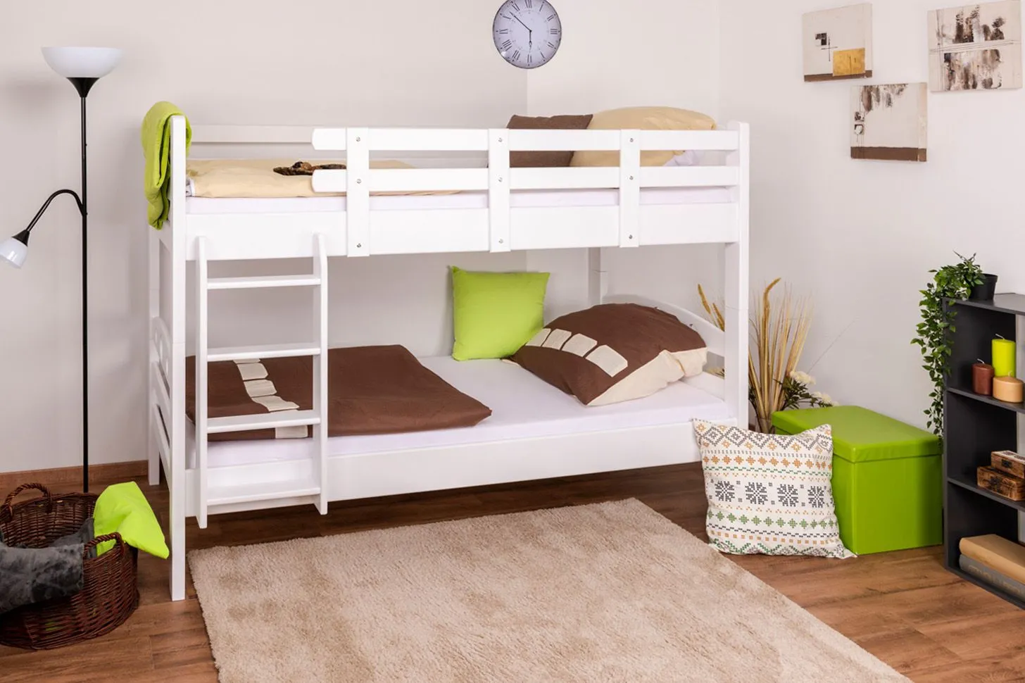 Stockbett für Erwachsene "Easy Premium Line" K19/n, Kopf- und Fußteil mit Löchern, Buche Vollholz massiv Weiß - 90 x 200 cm (B x L), teilbar