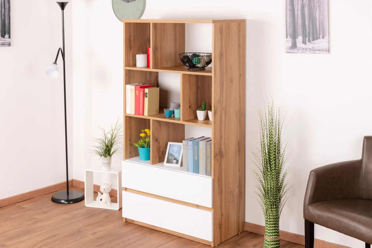 Jugendzimmer - Regal Alard 04, Farbe: Eiche / Weiß - Abmessungen: 151 x 80 x 40 cm (H x B x T)