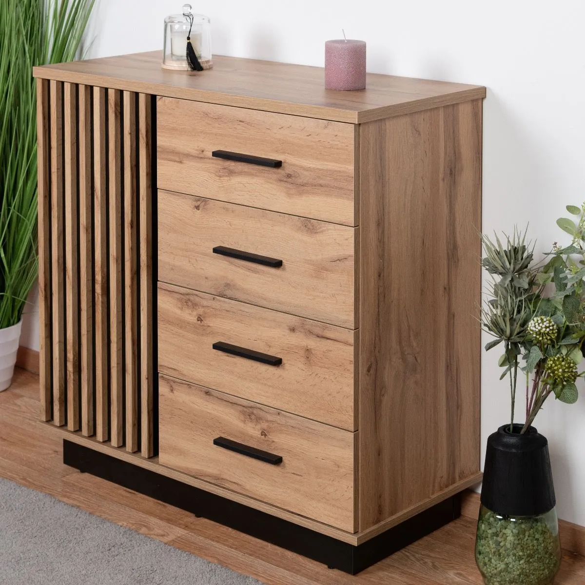 Kommode Trevalli 5, Farbe: Eiche / Schwarz - Abmessungen: 88 x 90 x 40 cm (H x B x T)