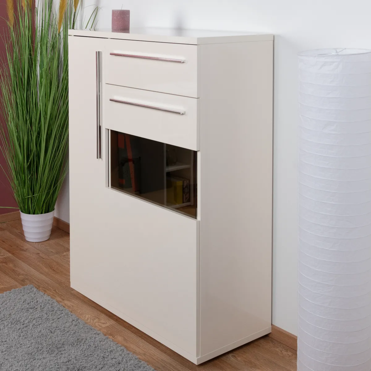 Vitrine Garim 14, Farbe: Beige Hochglanz - 123 x 90 x 40 cm (H x B x T)