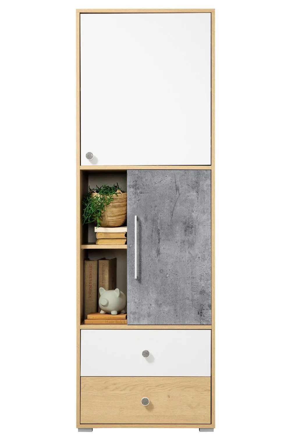 Jugendzimmer - Schrank Modave 03, Farbe: Eiche / Weiß / Grau - Abmessungen: 182 x 60 x 40 cm (H x B x T)